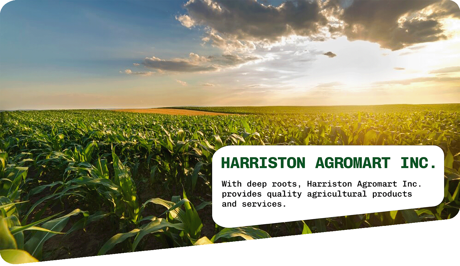 Harriston Agromart team on Amazone agriculture machine and text overlay 'Harriston Agromart Inc. with deep roots, Harriston Agromart Inc. provides quality agricultural products and services'
