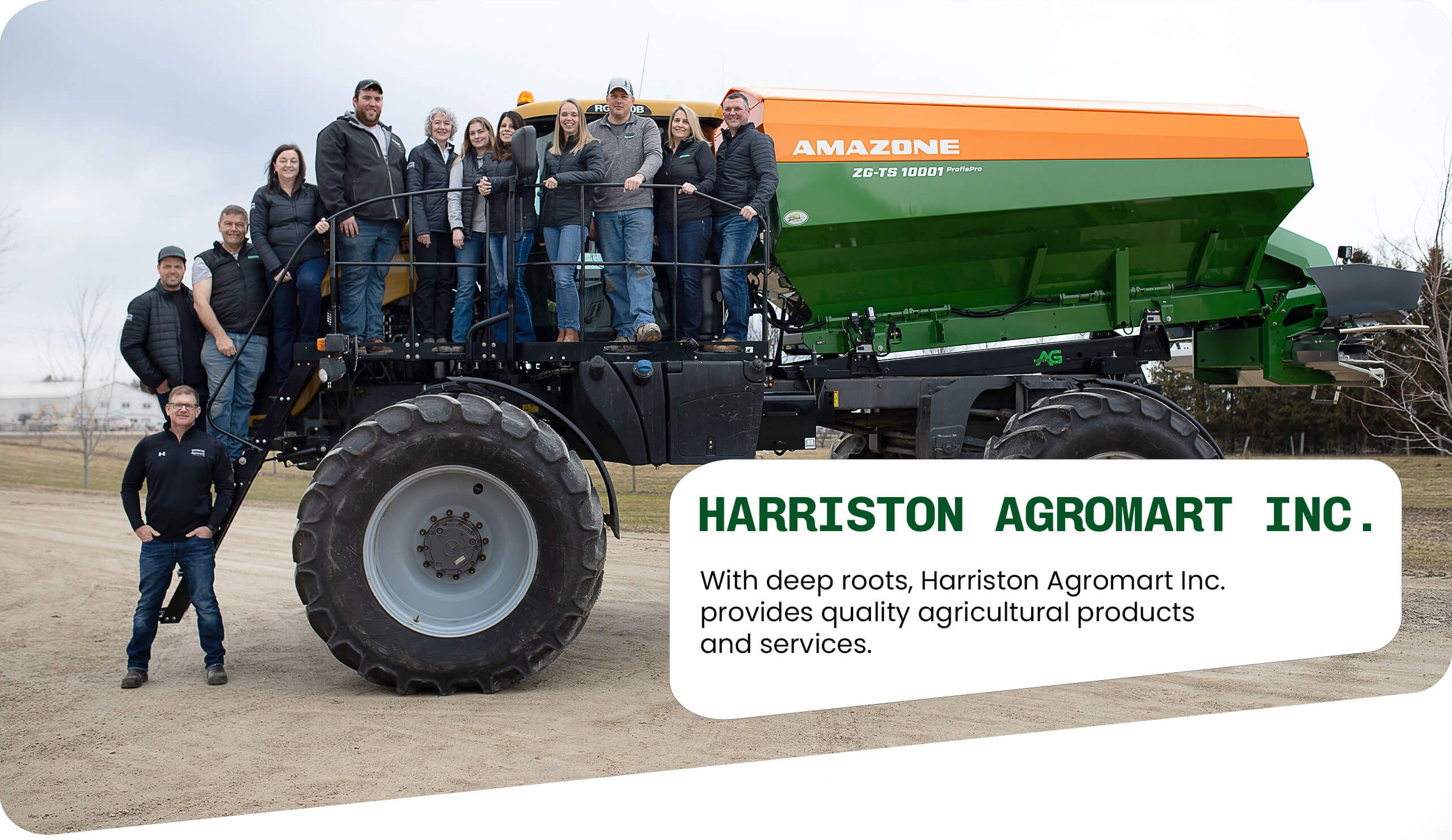 Harriston Agromart team on Amazone agriculture machine and text overlay 'Harriston Agromart Inc. with deep roots, Harriston Agromart Inc. provides quality agricultural products and services'
